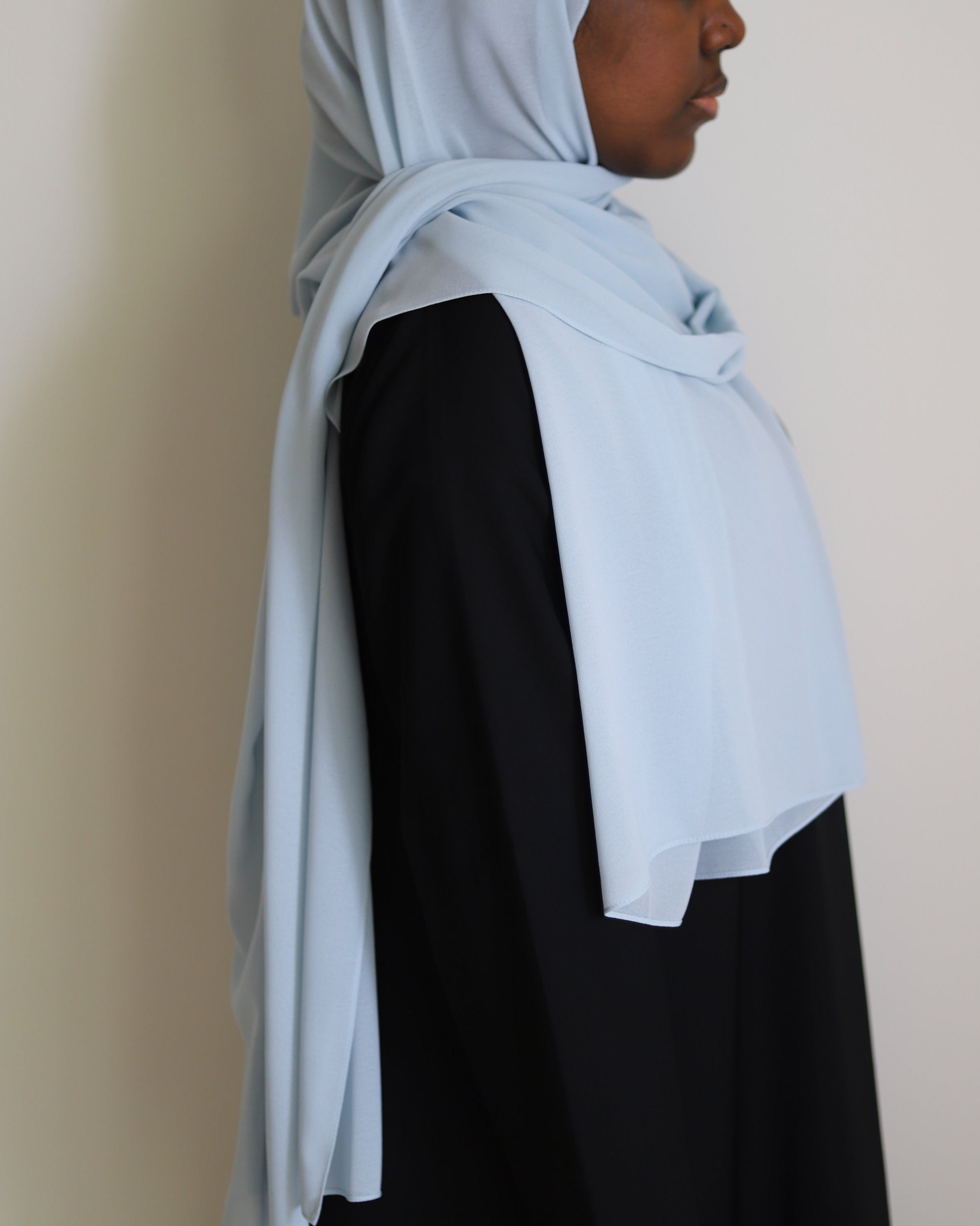 long chiffon hijab in the color pastel blue