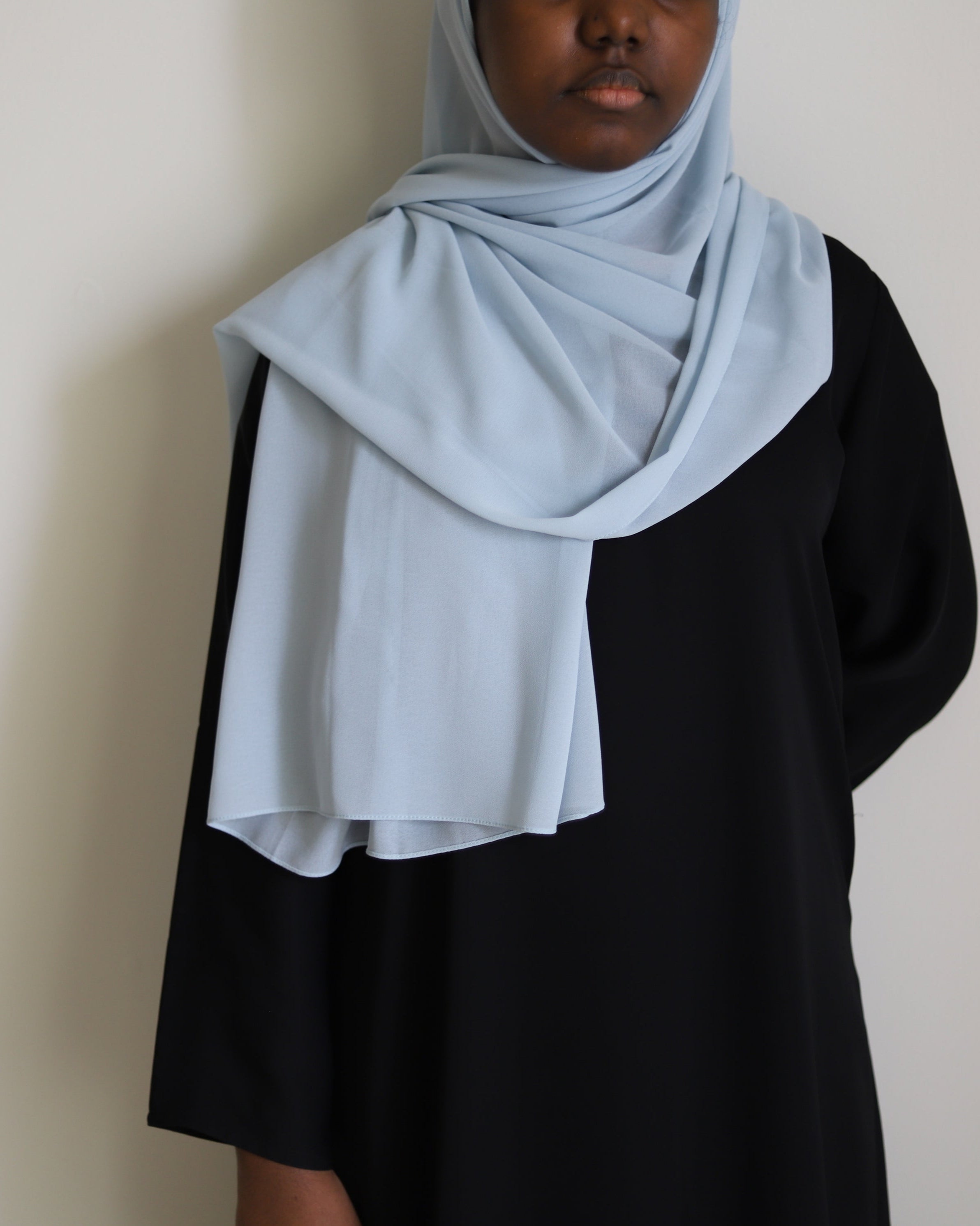 long chiffon hijab in the color pastel blue