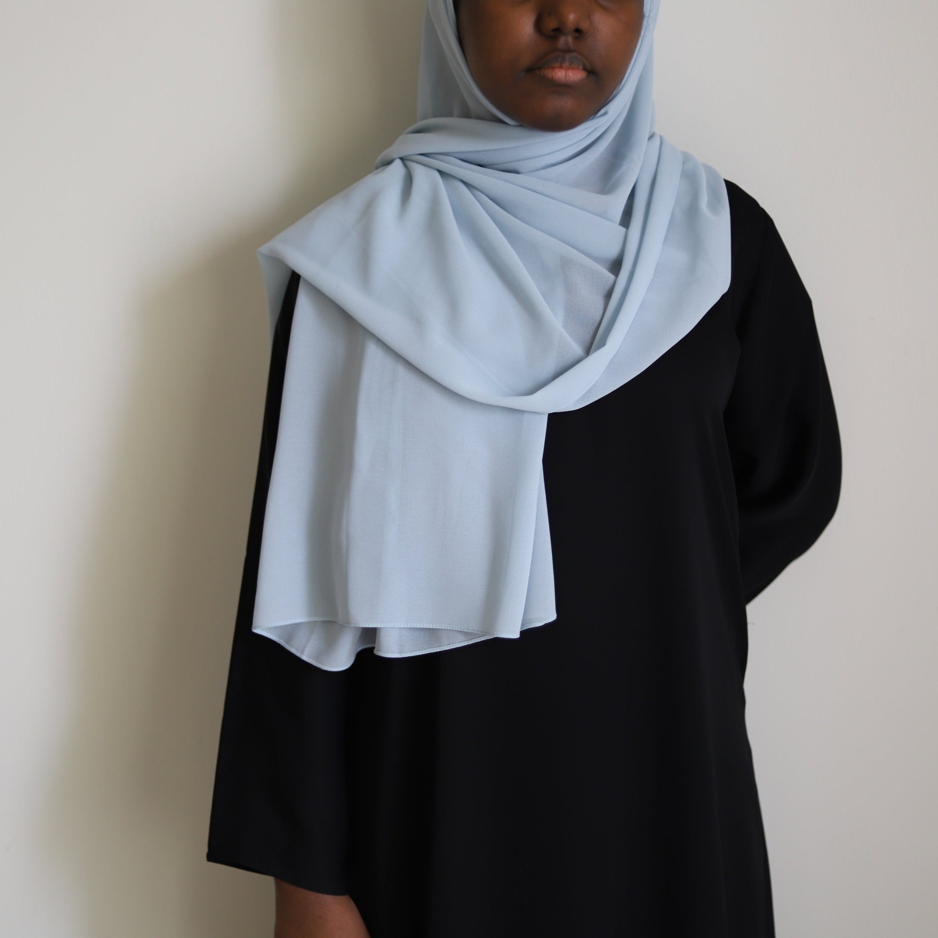 long chiffon hijab in the color pastel blue